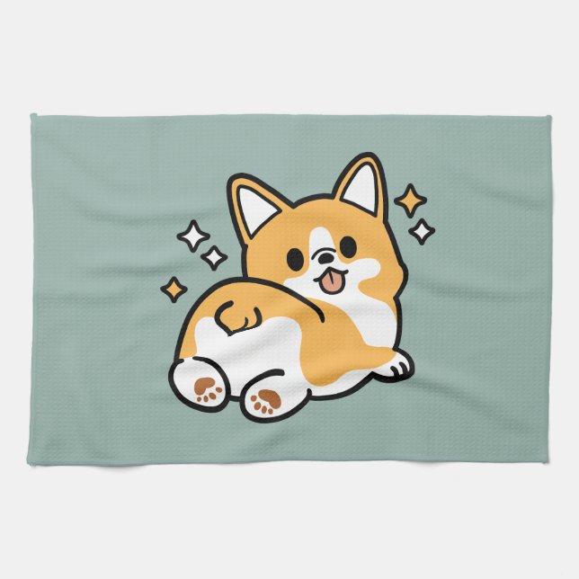Butt First, Let's Nap – Cute Corgi Butt Cartoon Tea Towel (Horizontal)