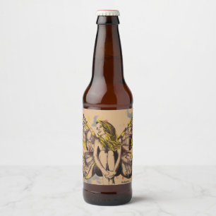 buttefly lady, butterfly woman, blonde fairy art beer bottle label