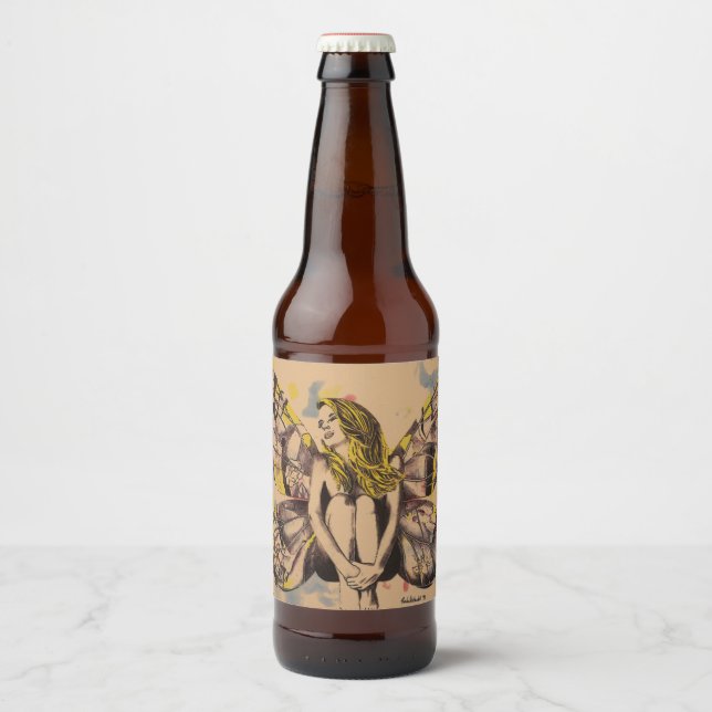 buttefly lady, butterfly woman, blonde fairy art beer bottle label (Front)