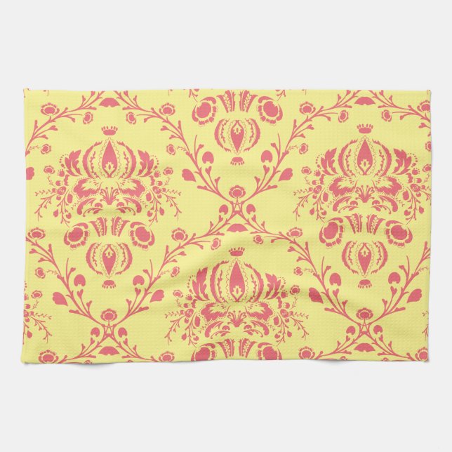 Butter and Cranberry Damask Tea Towel (Horizontal)