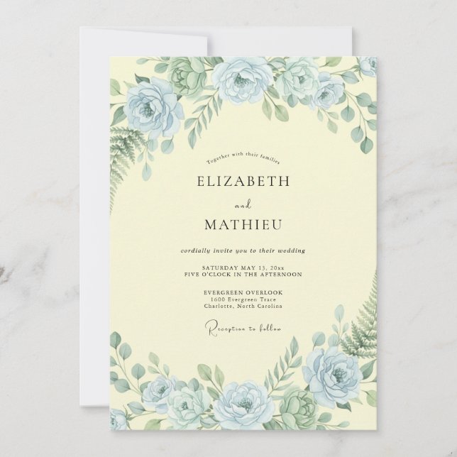 Butter Azure Ranunculus Dusty Eucalyptus Wedding Invitation (Front)