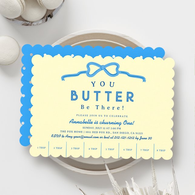 Butter Be There Blue Bow 1st Birthday Invitation (Creator Uploaded)