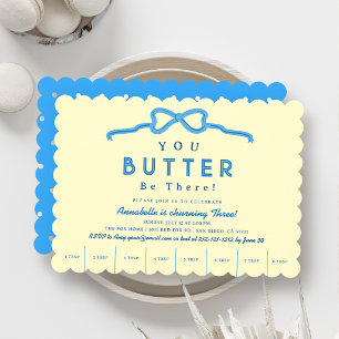 Butter Be There Blue Bow Kid's Birthday Invitation