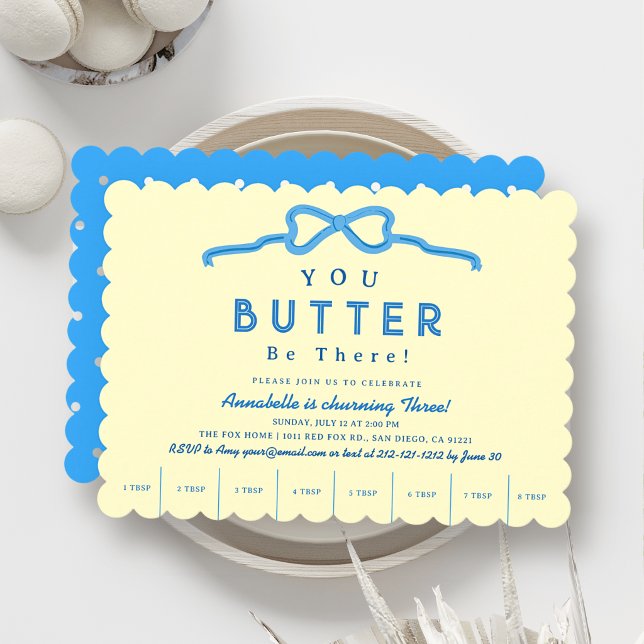Butter Be There Blue Bow Kid's Birthday Invitation (Creator Uploaded)