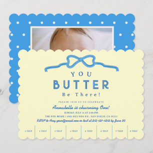 Butter Be There Blue Bow Photo 1st Birthday Invitation