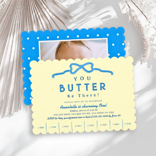 Butter Be There Blue Bow Photo 1st Birthday Invitation