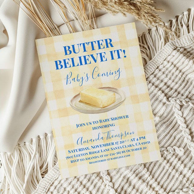 Butter Believe It Yellow Gingham Boy Baby Shower Invitation (Creator Uploaded)