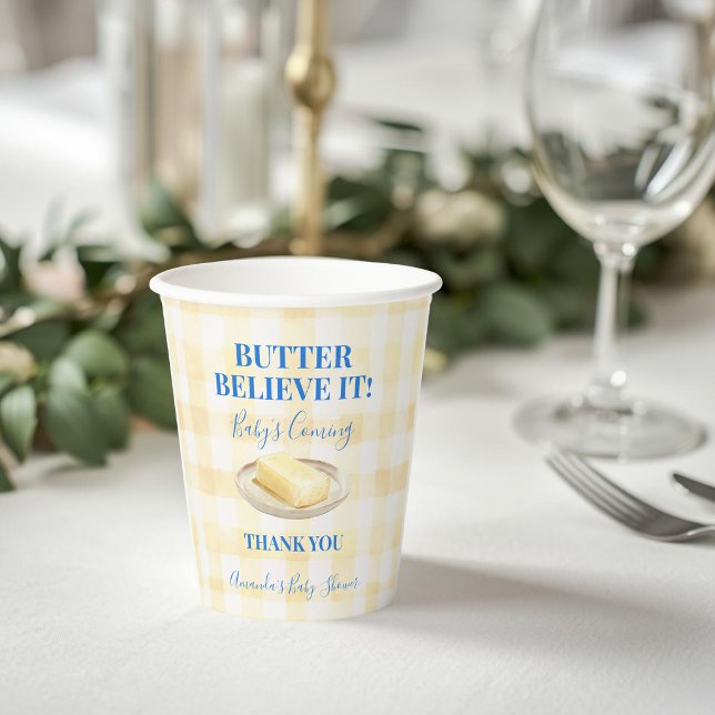 Butter Believe It Yellow Gingham Boy Baby Shower Paper Cups (Creator Uploaded)