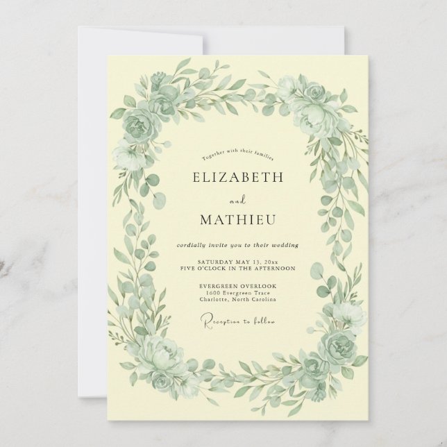 Butter Celadon Leafy Wedding Invitation (Front)