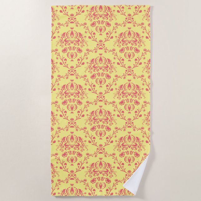Butter Cranberry Damask Beach Towel (Front)