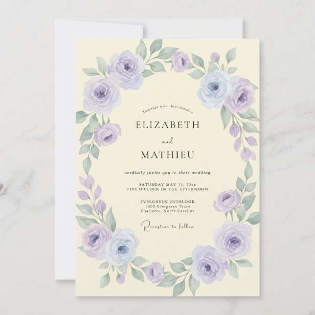 Butter Periwinkle Rose Wedding Invitation (Front)