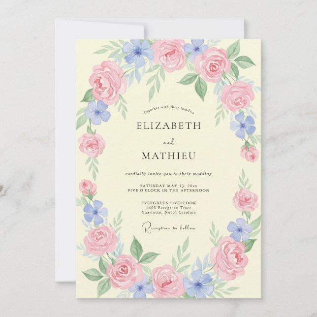 Butter Periwinkle Wreath Wedding Invitation (Front)