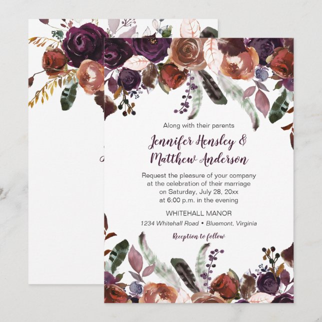 Butter Rum Eggplant Purple Roses Boho Wedding Invitation (Front/Back)
