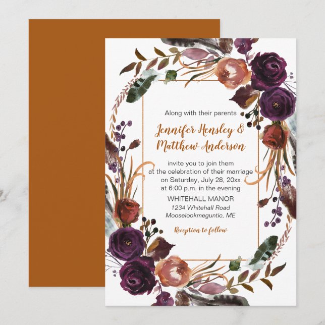 Butter Rum Rust Dark Purple Roses Wreath Wedding Invitation (Front/Back)