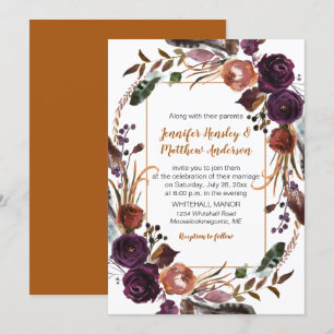Butter Rum Rust Dark Purple Roses Wreath Wedding Invitation