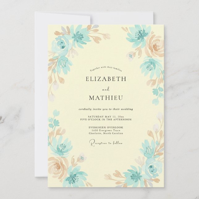 Butter Teal Leafy Wedding Invitation (Front)