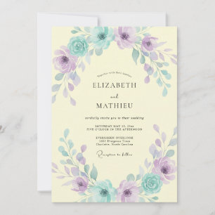 Butter Teal Lilac Leafy Wedding Invitation