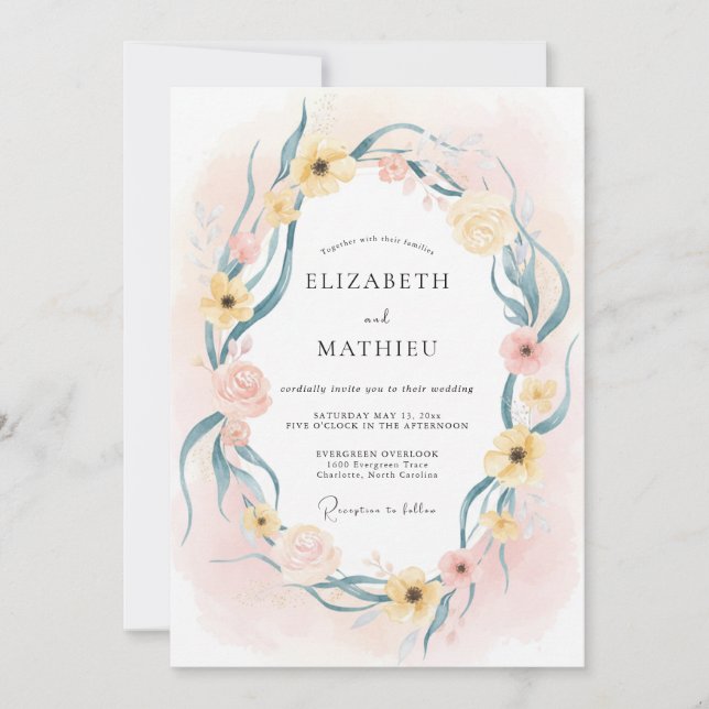 Butter Teal Wreath Wedding Invitation (Front)
