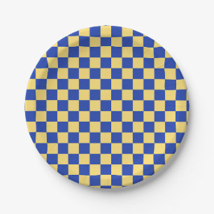 Butter yellow and blue checkered board pattern paper plate