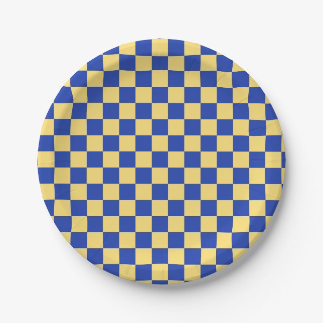 Butter yellow and blue checkered board pattern paper plate (Front)