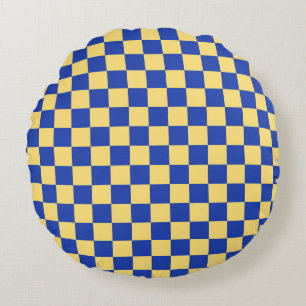Butter yellow and blue checkered board pattern round cushion