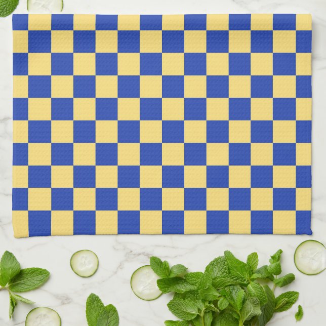 Butter yellow and blue checkered board pattern tea towel (Folded)