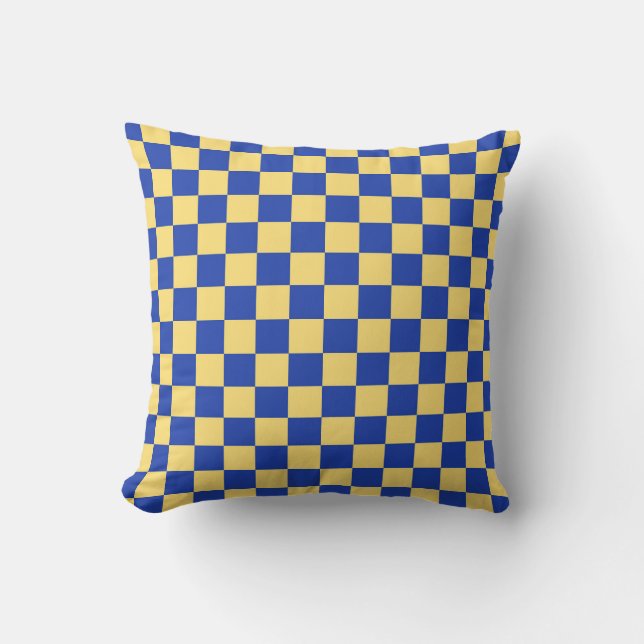 Butter yellow and blue chequered board pattern cushion (Front)