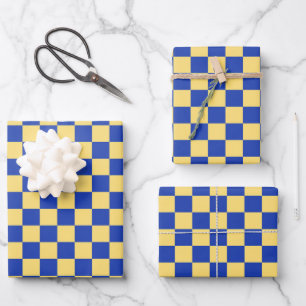 Butter yellow and blue chequered board pattern wrapping paper sheet