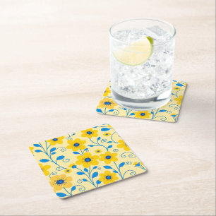 Butter Yellow and Blue Floral Square Paper Coaster