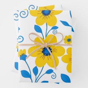 Butter Yellow and Blue Floral Wrapping Paper Sheet