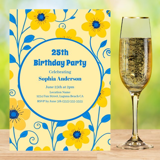 Butter Yellow and Blue Florals-Birthday Invitation (Butter Yellow and Blue Florals-Birthday Invitation )