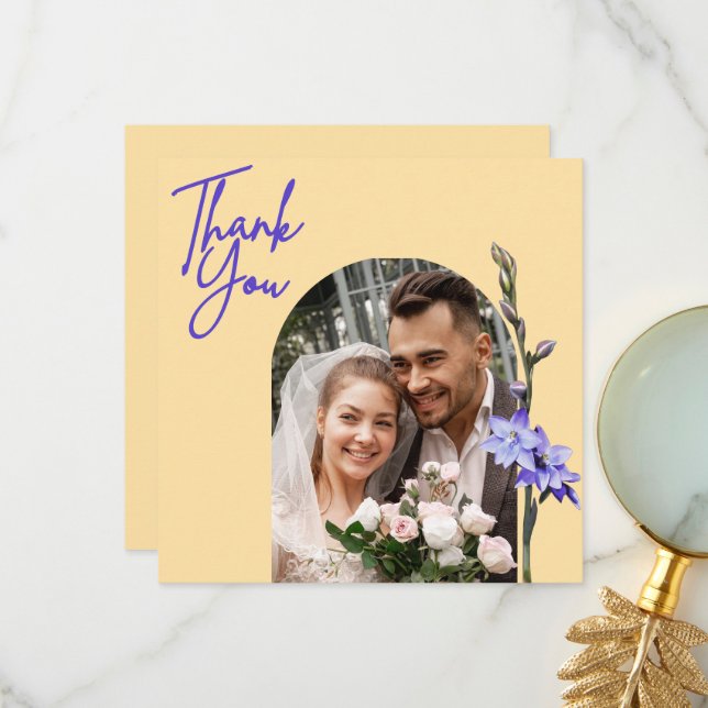 Butter Yellow and Lilac Coloured Sun Orchid Weddin Thank You Card (Front/Back In Situ)