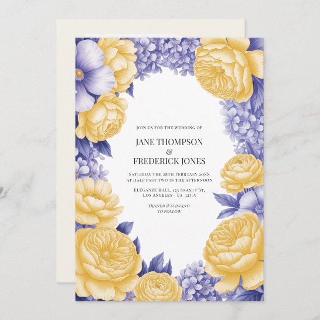 Butter Yellow and Periwinkle Floral Wedding Photo Invitation (Front/Back)