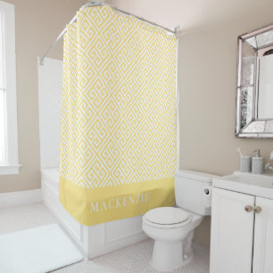 Butter Yellow and White Greek Key Name Monogram Shower Curtain