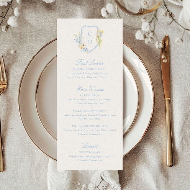 Butter Yellow Blue Floral Monogram Crest Wedding Menu (Creator Uploaded)