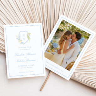 Butter Yellow Blue Floral Monogram Crest Wedding Save The Date