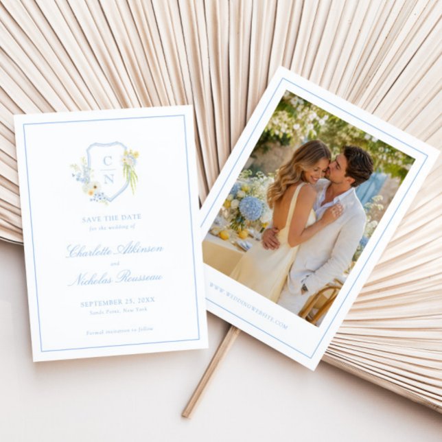 Butter Yellow Blue Floral Monogram Crest Wedding Save The Date (Creator Uploaded)