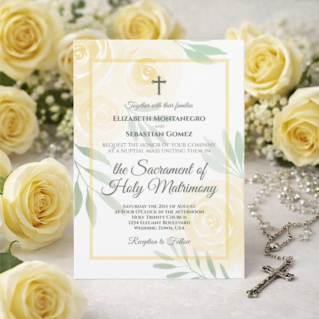 Butter Yellow Boho Chic Roses Catholic Wedding Invitation (Creator Uploaded)