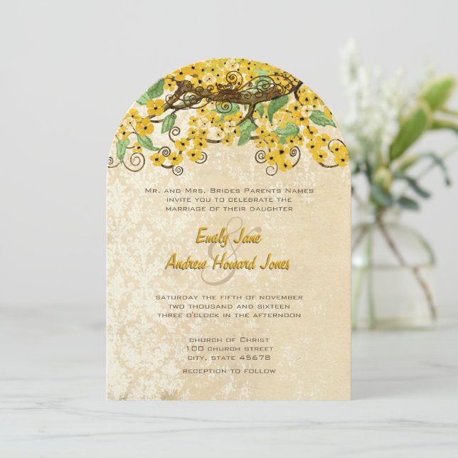Butter Yellow Cherry Blossom Tea Stain Wedding  Invitation (Standing Front)