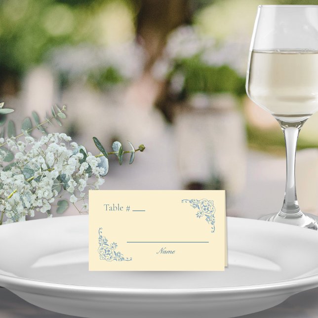 Butter Yellow Chic Blank Table Number Place Card (butter yellow and dusty blue fillable blank wedding table place cards for elegant romantic events)
