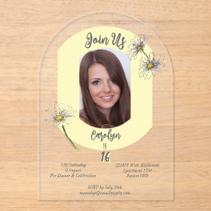 Butter Yellow Daisy Photo & Aged Birthday Party Acrylic Invitations
