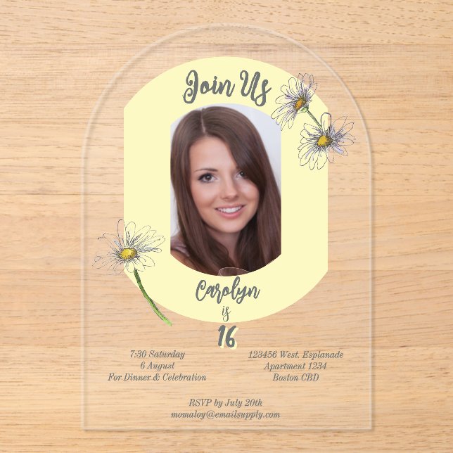 Butter Yellow Daisy Photo & Aged Birthday Party Acrylic Invitations (Front)