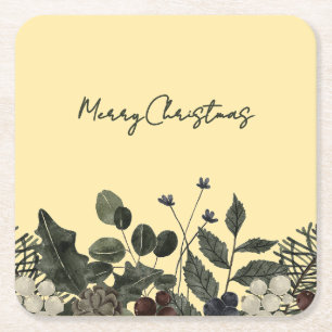 Butter Yellow & Deep Green Floral Merry Christmas Square Paper Coaster