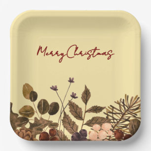 Butter Yellow & Deep Red Floral Merry Christmas Paper Plate