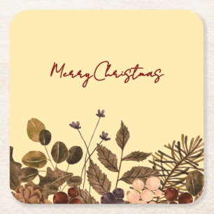 Butter Yellow & Deep Red Floral Merry Christmas Square Paper Coaster