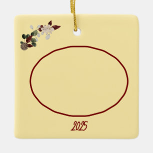 Butter Yellow & Deep Red Floral Photo Christmas Ceramic Ornament