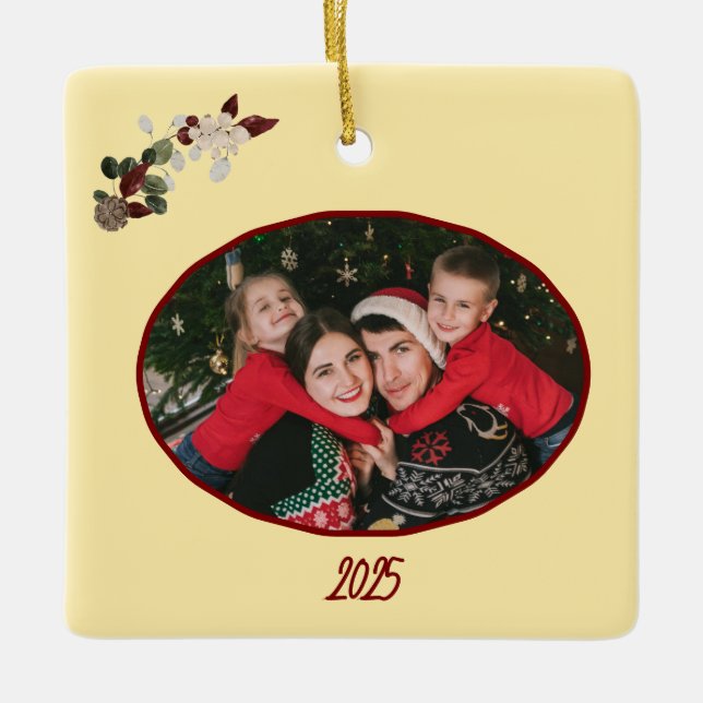 Butter Yellow & Deep Red Floral Photo Christmas Ceramic Ornament (Front)