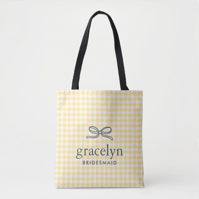 Butter Yellow Gingham Bow Monogram Tote Bag (Front)