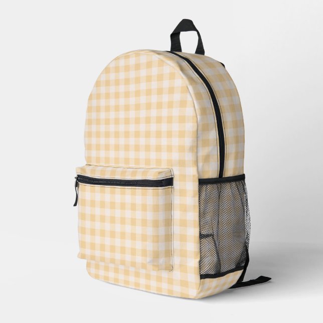 Butter Yellow Gingham Plaid Printed Backpack (Back Corner Right)