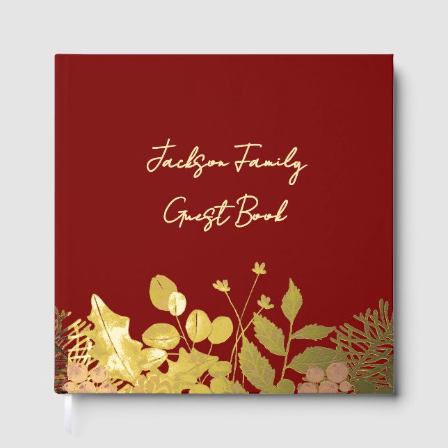 Butter Yellow, Gold & Deep Red Floral Christmas Guest Book (Front)